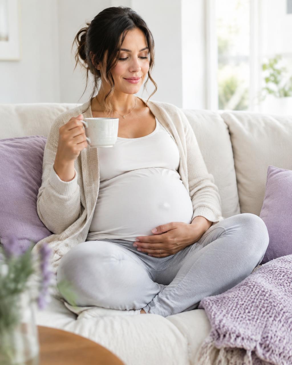 A pregnant woman resting calmly on a sofa with a cup of tea